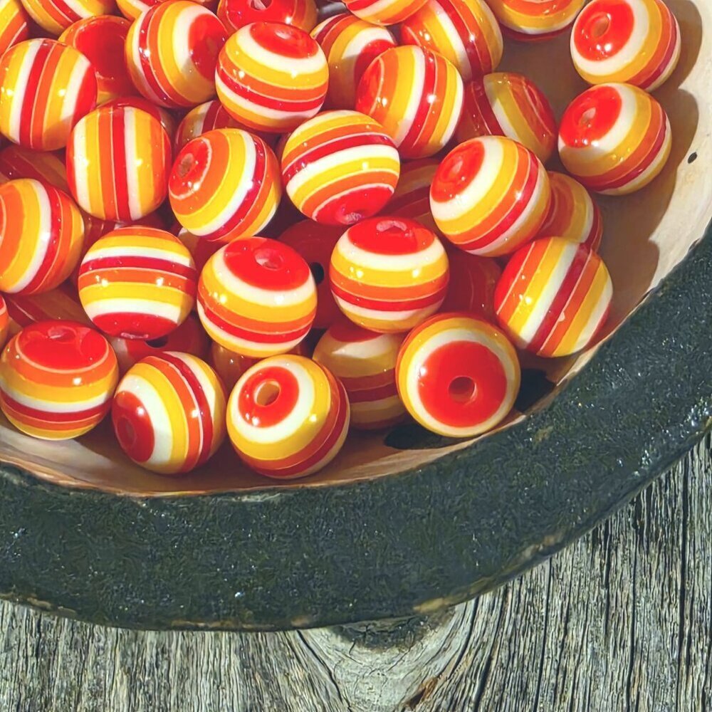 Vintage 70s Lucite Acrylic Striped 12mm Round Orange Yellow White Beads 10 pcs